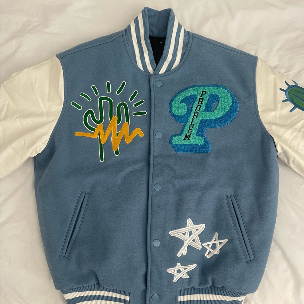 Blue and White Varsity Jacket with Patches